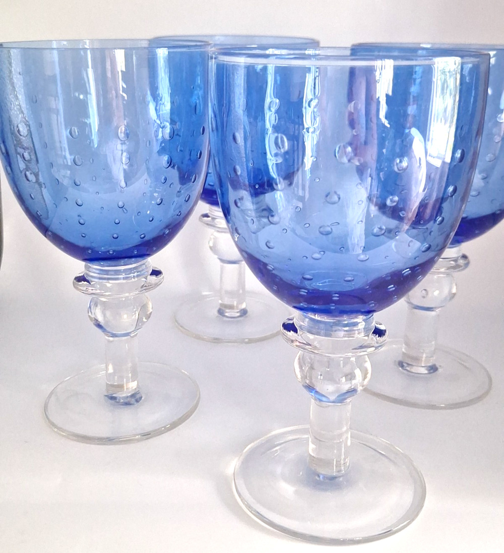 Four Zrike Pavilion Blue Clear Goblets Bubble Glass Coastal Chic Beach House